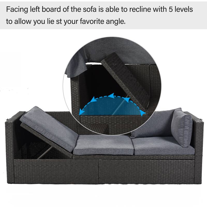 U-Style Outdoor Patio Rectangle Daybed with Retractable Canopy, Wicker Furniture Sectional Seating for Backyard, Porch