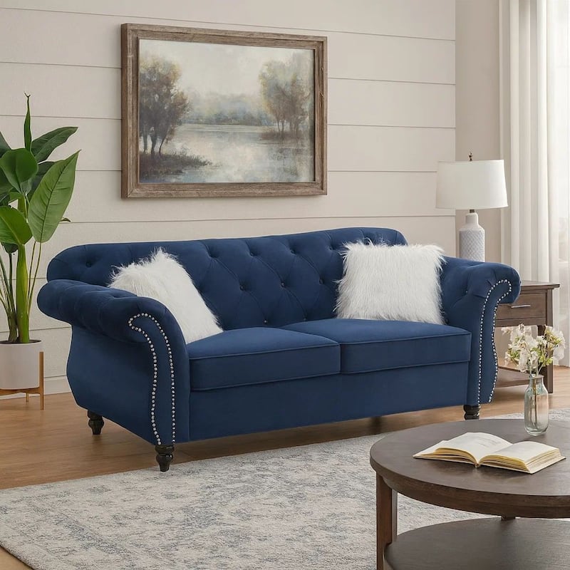 77 Inches Nailhead Trim Velvet Loveseat with Crystal Tufting, Blue