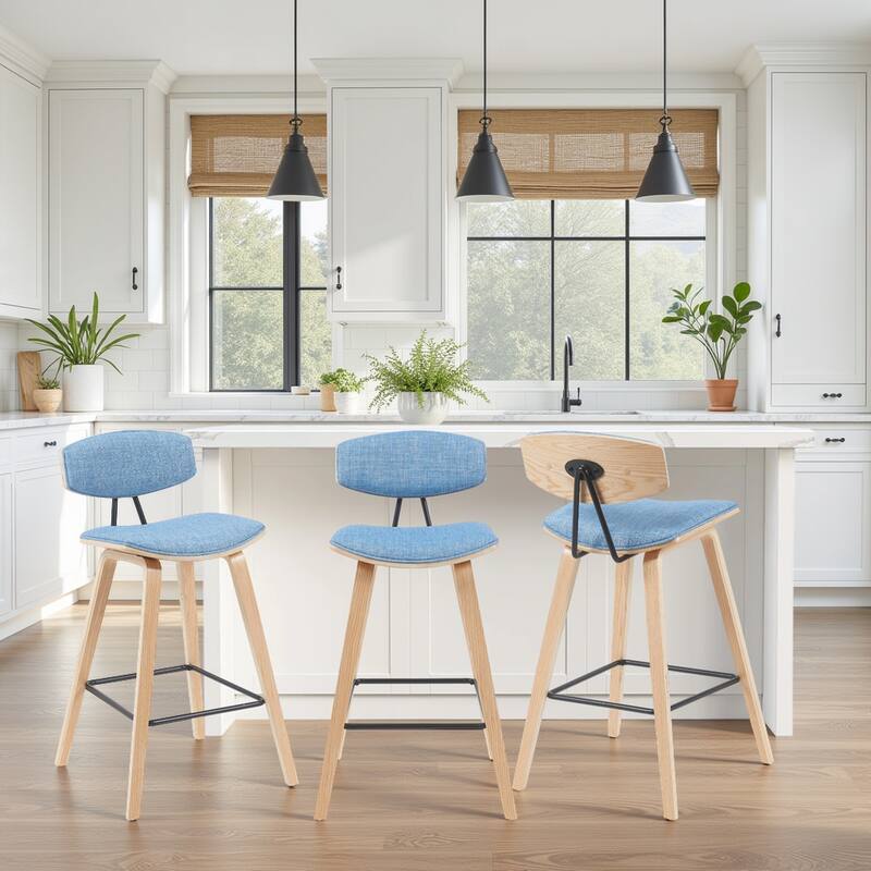 Fox Mid-Century Bar Stool, Upholstered Counter Height Chair with Bentwood Legs