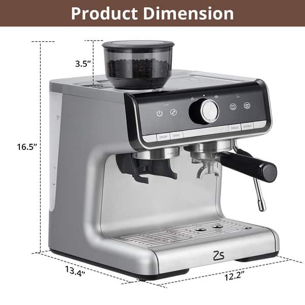 dimension image slide 0 of 2, 20 BAR Semi-Automatic Espresso Machine with Built-in Grinder Milk Steamer