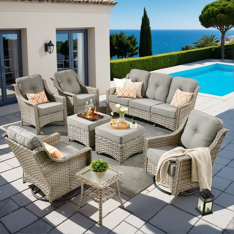 OVIOS 8-piece Patio Wicker Swivel Rocking Chair Set With Ottoman