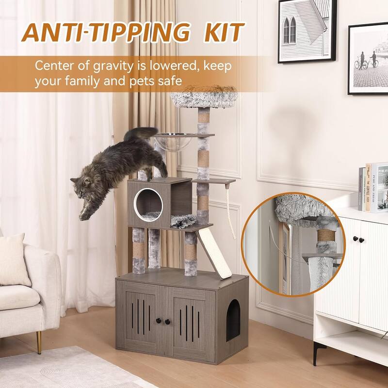 Cat Tree with Litter Box Enclosure for Cats with Large Platform - N/A