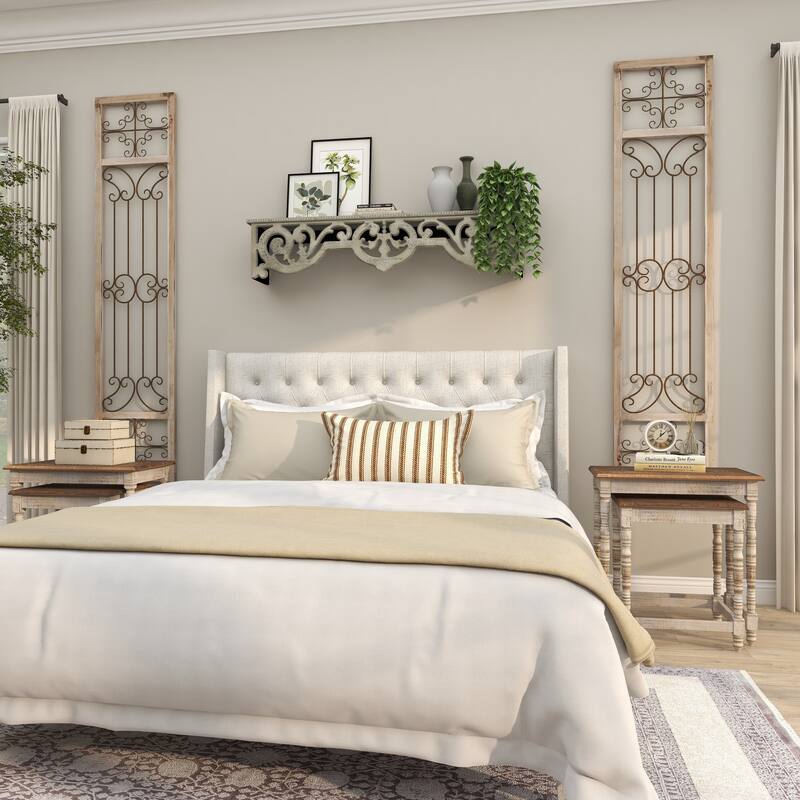 Wood Scroll Distressed Ornamental Panel Home Wall Decor with Bronze Metal Wire Details - Cream - Roche River Decor