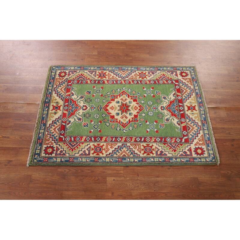 Green Kazak Foyer Rug Hand-Knotted Wool Carpet - 2'8" x 3'10"