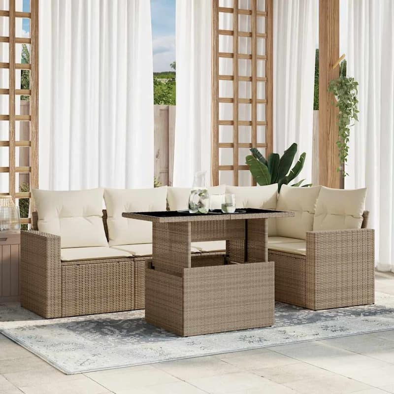vidaXL Patio Sofa Set with Cushions Outdoor Furniture 6 Piece Poly Rattan - Beige and cream - 21.7 x 39.4 x 28.7 in