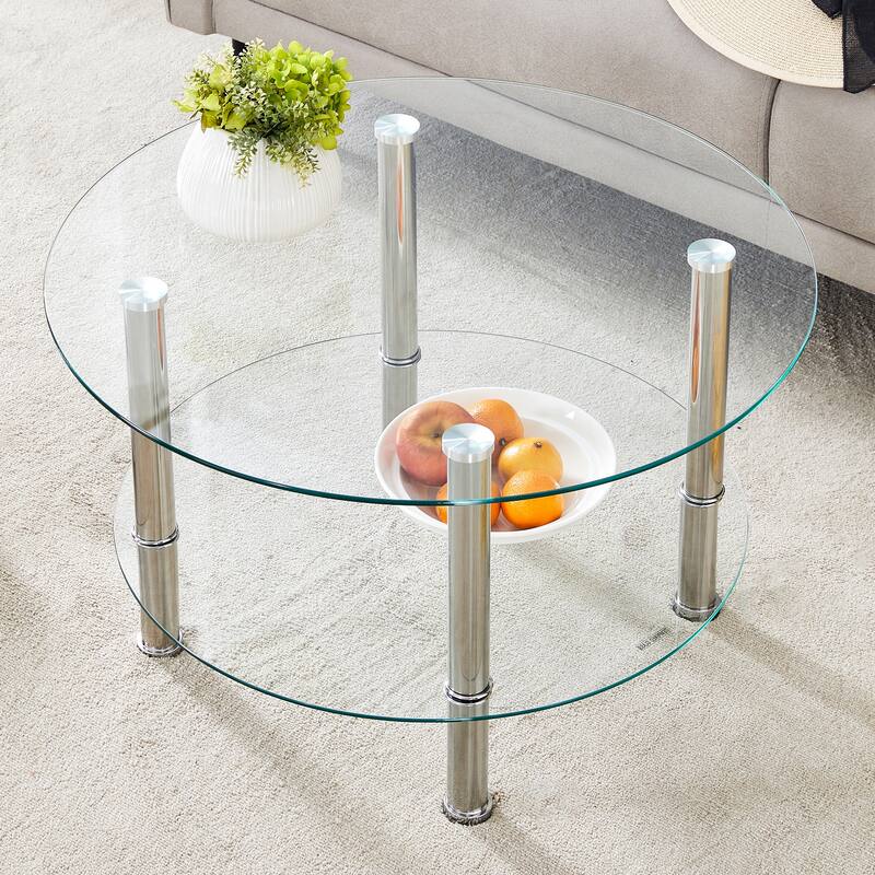 Contemporary Minimalist Double Layer Tempered Glass Coffee Table - 27.5" Top and 23.6" Bottom.Reinforced Glass Tabletop,