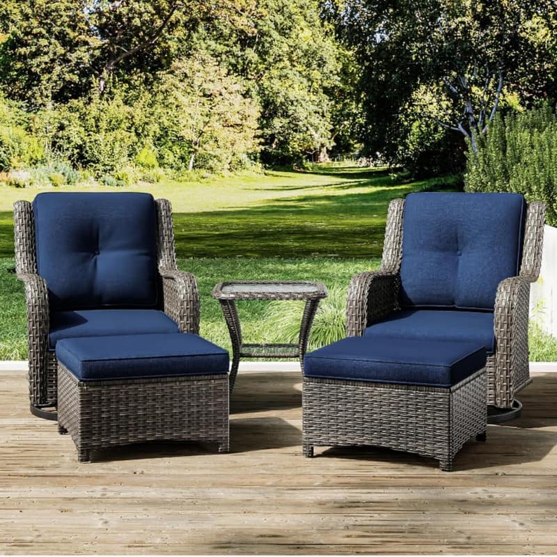 5-Piece Wicker Patio Set – Includes 2 Swivel Rocking Chairs, 2 Ottomans & 1 Side Table – Rattan Outdoor Sectional For Porch.