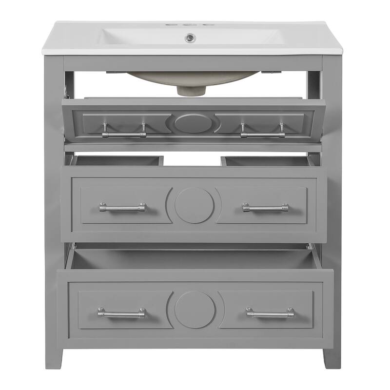 60" Bathroom Vanity Set with Ceramic Sink (Separate), Solid Wood Bathroom Storage Cabinet