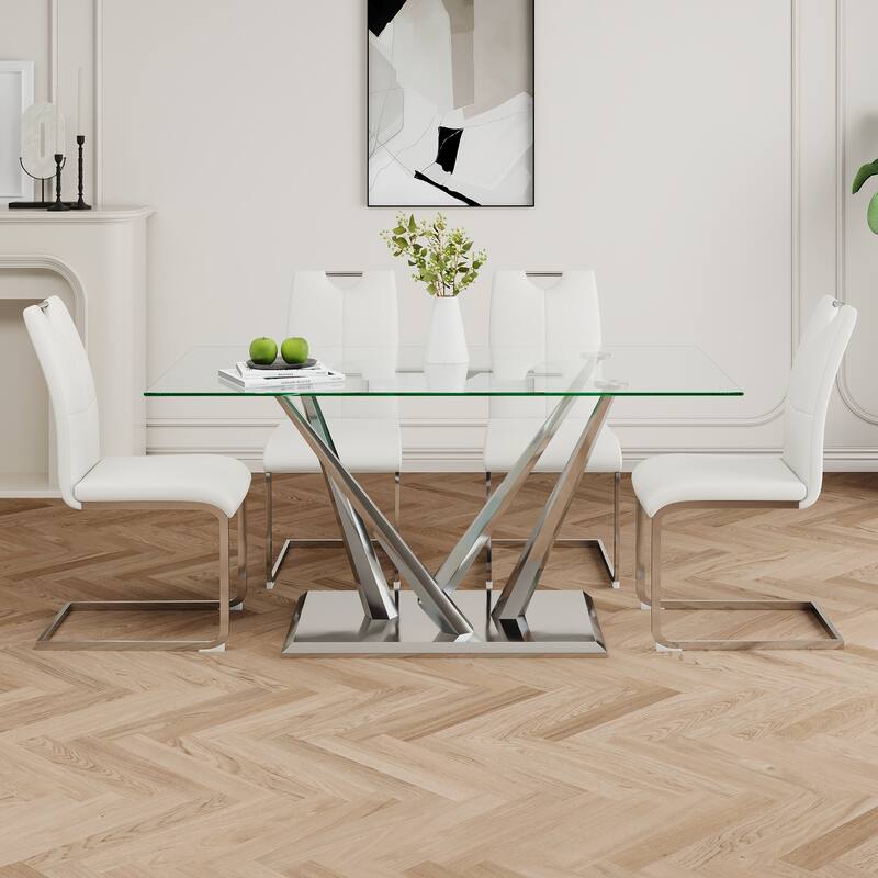 63" Glass Dining Table Set for 4, 5 Piece Dining Table and Chairs Set, Rectangular Table with 4 Faux Leather Chairs & Metal Legs