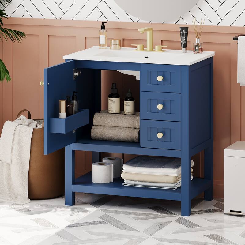 Bathroom Vanity with Ceramic Sink, Freestanding Bathroom Vanity with Soft Close Door, Solid Wood Sink Cabinet with Open Shelf