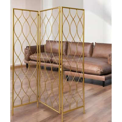 HomeRoots 71" Gold Iron Folding Three Panel Screen Room Divider - 47' X '71' X '1