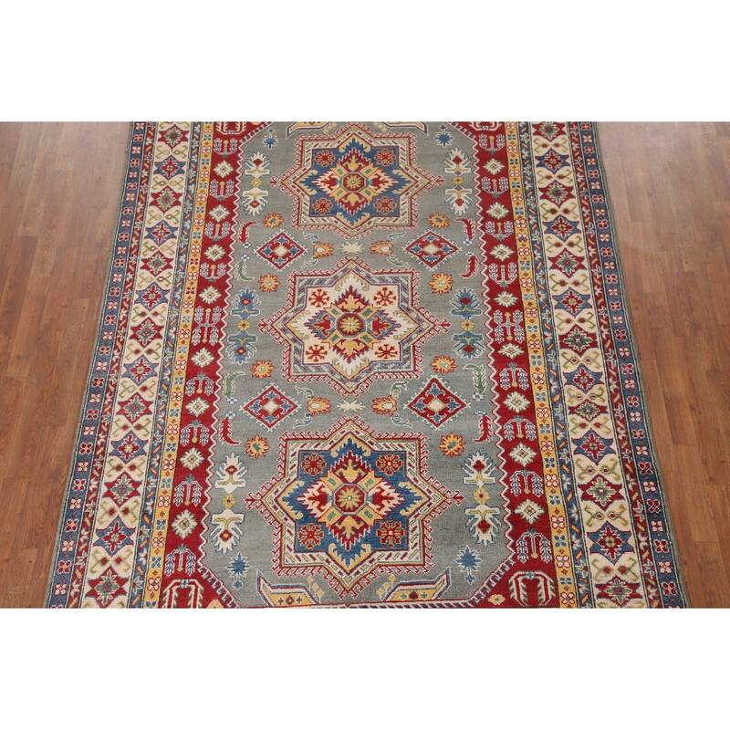 Hand Knotted Oriental 100% Wool Carpet Traditional Geometric Greys & Charcoal Kazak Area Rug - 9' 10'' X 6' 9''