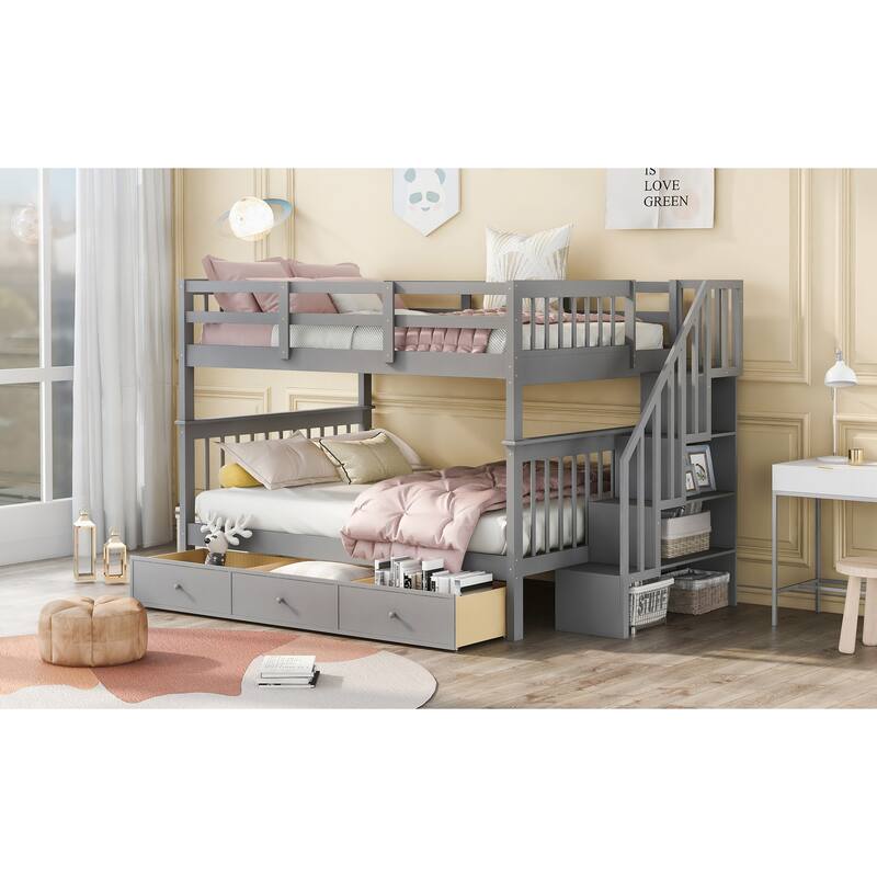 Full-Over-Full Bunk Bed with Under Stair Storage and Guard Rail