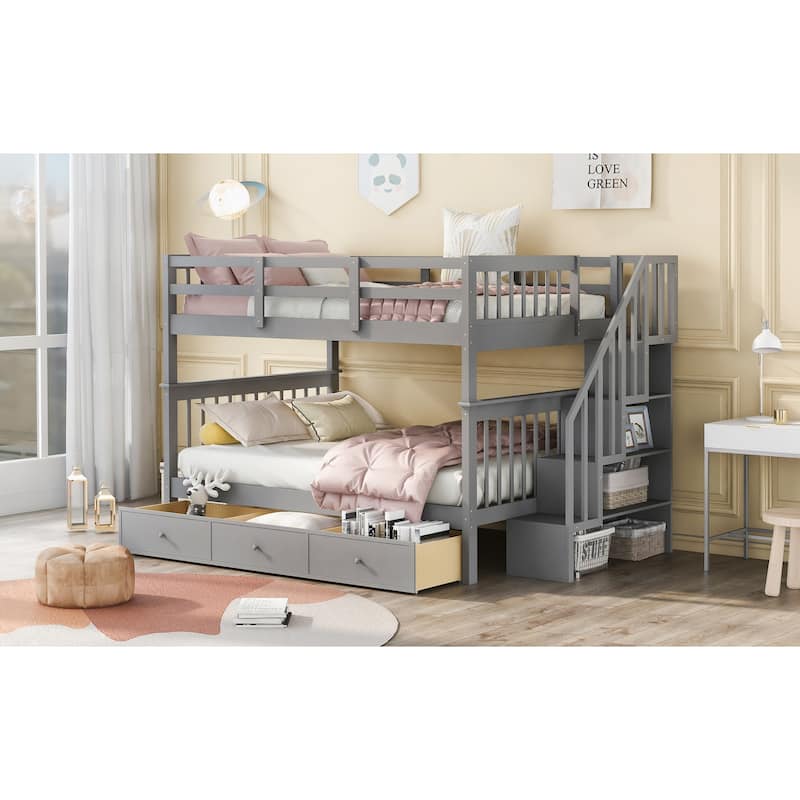 Roomfitters Stairway Full Over Full Bunk Bed with Storage Compartment and Guard Rail, Multi-Use Design