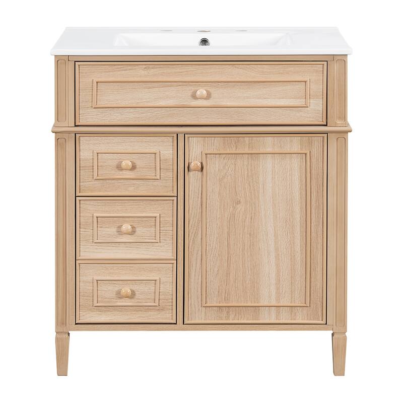 30" Bathroom Vanity with Sink, Solid Wood & MDF Cabinet, Flip-Out Drawer, 2 Soft-Close Drawers, 1 Soft-Close Door