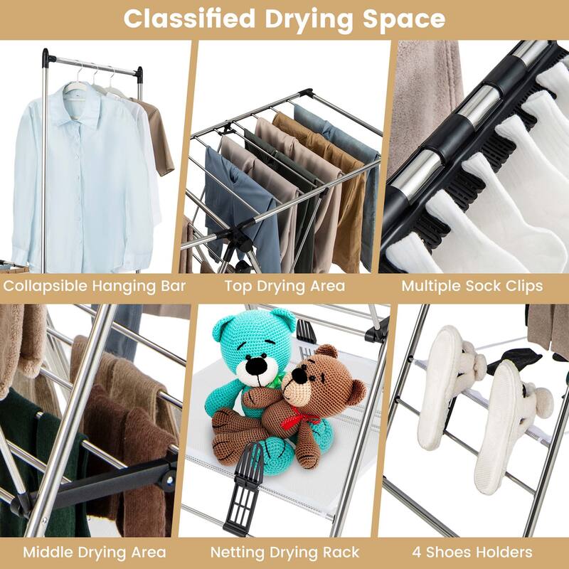 Costway 2-Layer Stainless Steel Foldable Drying Rack w/ Hanging Bar & - See Details