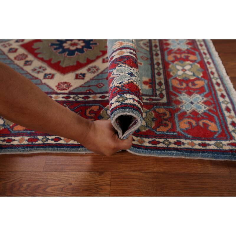 Light Blue Kazak Foyer Rug Hand-Knotted Wool Carpet - 3'3" x 4'11"