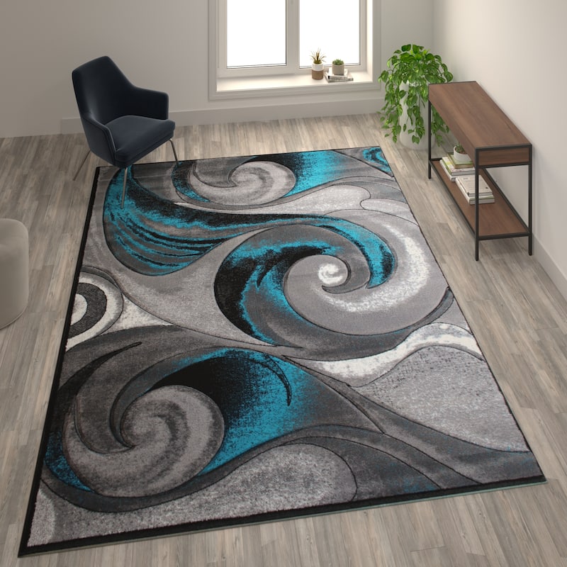Modern Ocean Wave Design Olefin Indoor Area Rug - Turquoise - 8' x 10'