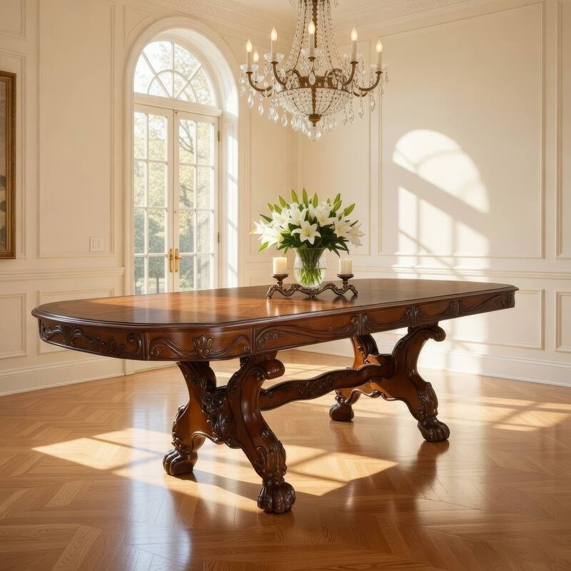 Dresden Dining Table With Two Encarved Pedestal, Cherry Oak - Cherry Oak
