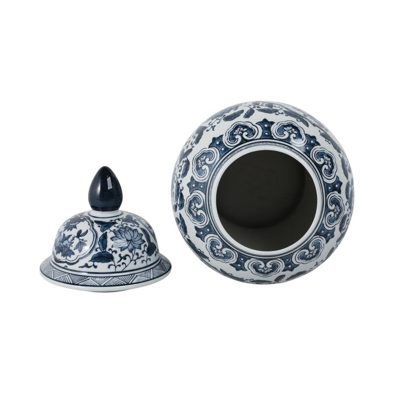 Ceramic Chinoiserie Floral Decorative Temple Jar - Blue 18"