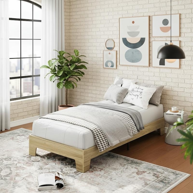 Wood Platform Bed Frame, with Strong Wooden Slats - Natural Oak - Twin XL