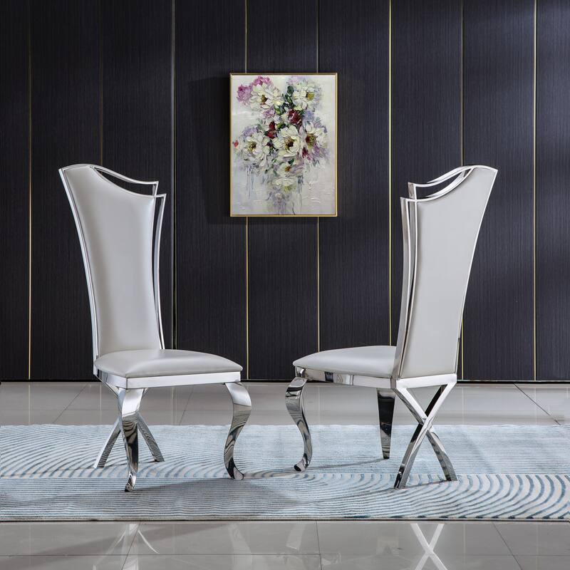 Set of 2 Leatherette/Velvet Unique Design Backrest Dining Chair with Stainless Steel Legs