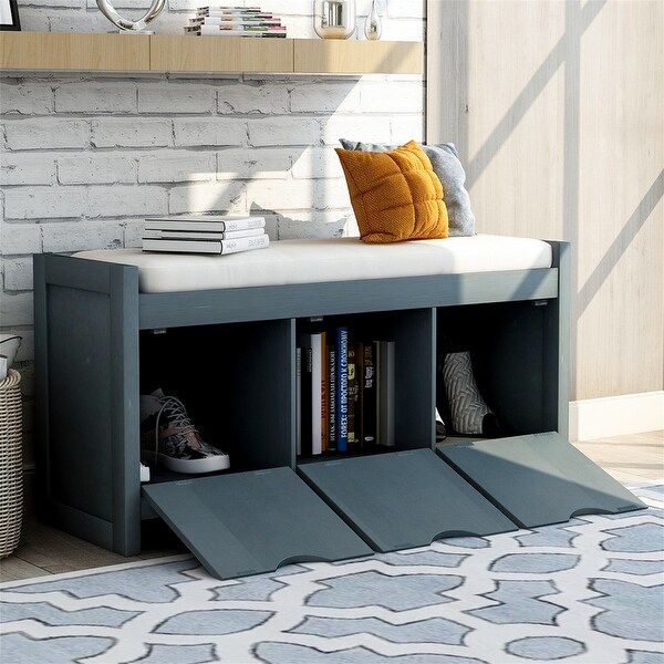 Entryway Storage Bench,Cushion&3 Flip Lock Cabinet,Living Room