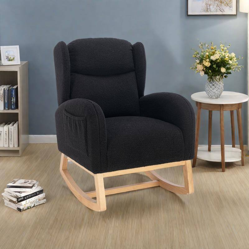 Teddy Fabric Rocking Chair with Wooden Legs and 300lb Capacity - Black