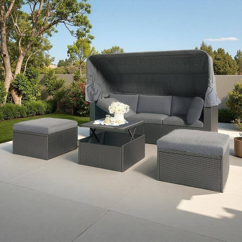 4-Pieces Outdoor Patio Rattan Daybed Sunbed Set with Retractable Canopy, Lift Table, and Adjustable Seat - Gray