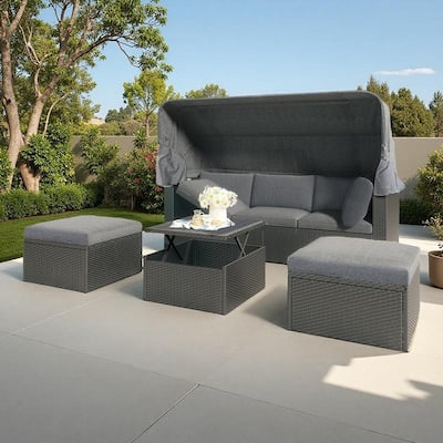 4-Pieces Outdoor Patio Rattan Daybed Sunbed Set with Retractable Canopy, Lift Table, and Adjustable Seat