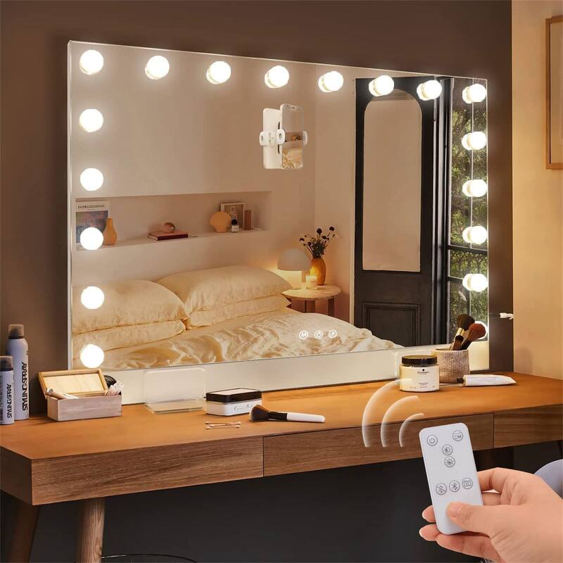 Selfie Vanity Mirror with Remote & Phone Holder - White+Silver