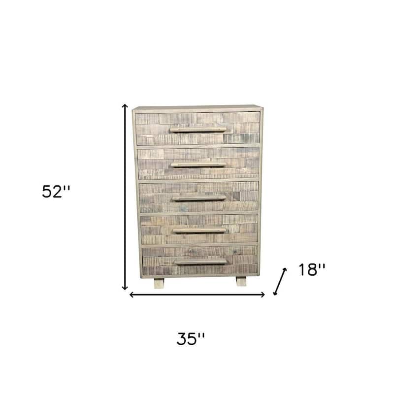 HomeRoots 35" Gray Carved Geometric Solid Wood Five Drawer Dresser