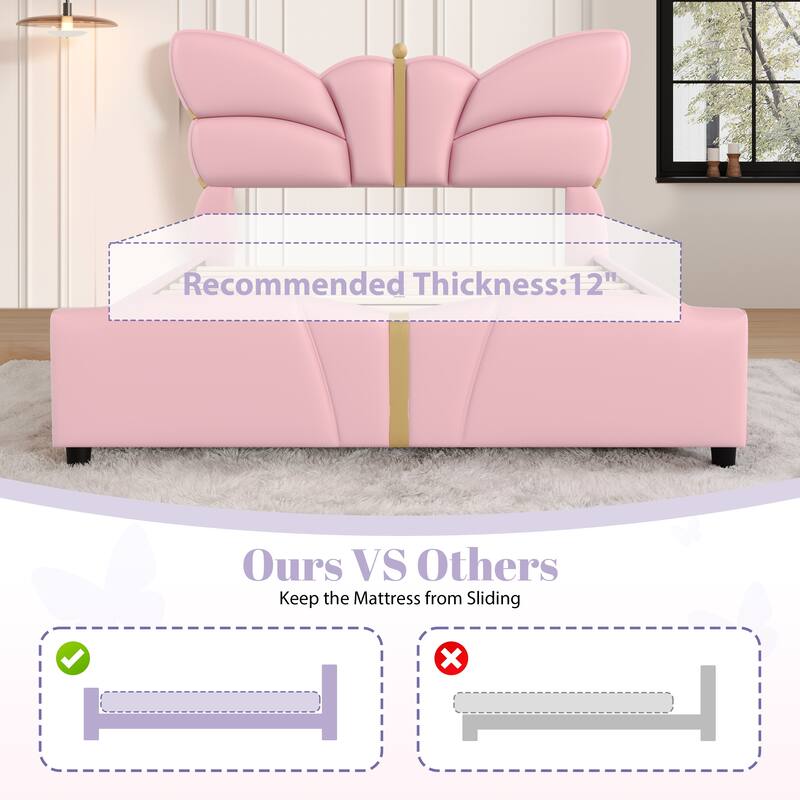 Bedroom Platform Bed Frame with Butterfly-Shaped Headboard, PU Leather Upholstered Bed with Gold Accents