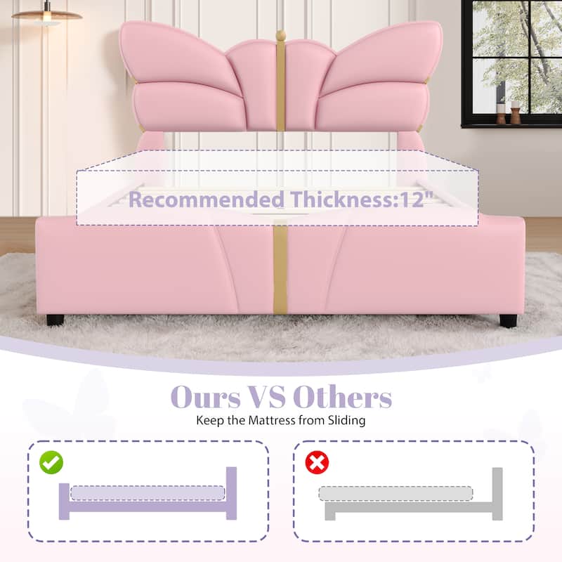 Roomfitters Queen Size Upholstered Platform Bed Frame with Butterfly Headboard, Faux Leather, Gold Accent Trim