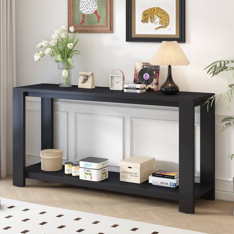 59 Inch Console Table with Bottom Shelf,Minimalist Style Console Table for Entryway - Black