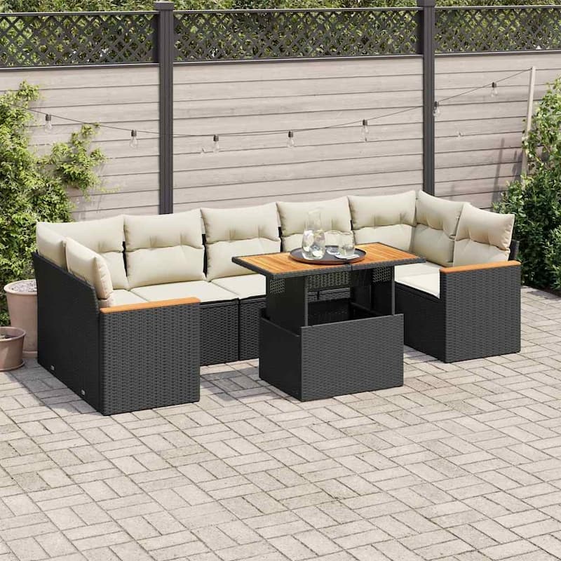 vidaXL Patio Sofa Set with Cushions Lounge Set 7 Piece Poly Rattan Acacia - 21.7 x 39.4 x 28.7 - Black and cream with storage