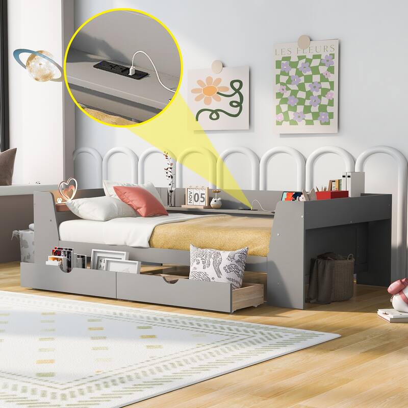 Twin Daybed with Shelves, Drawers, and Charging Station, Pine Wood Frame, Modern Design, White/Grey - Grey - Twin