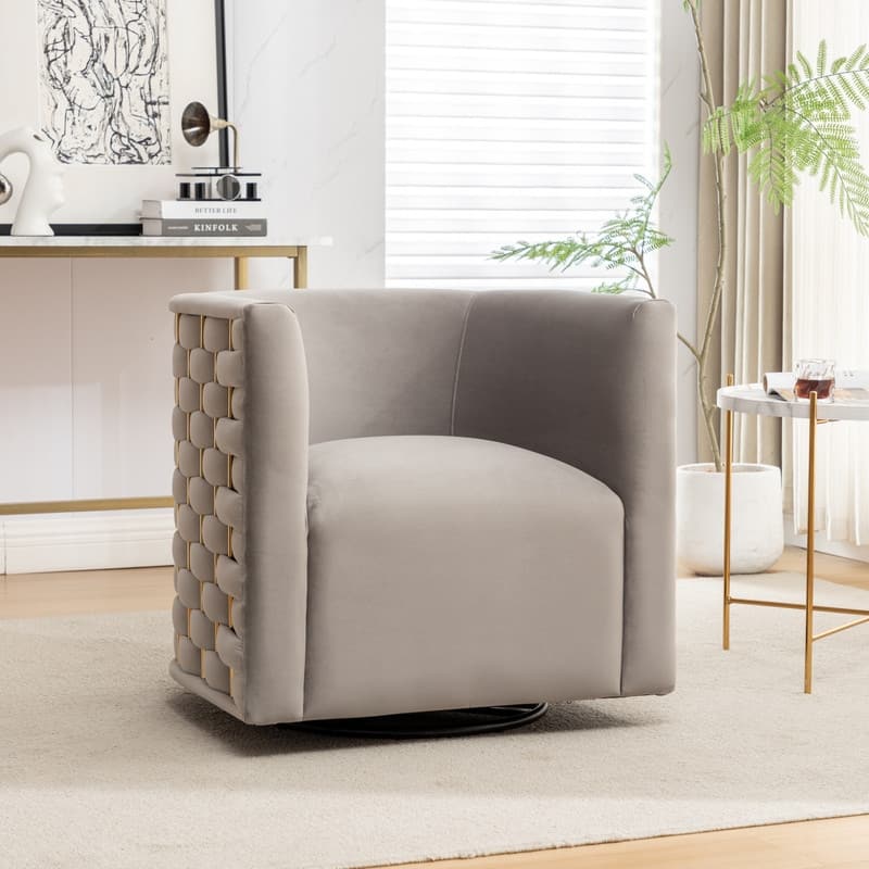 Modern Glam Velvet Upholstered 360 Degree Swivel Barrel Chair - Grey