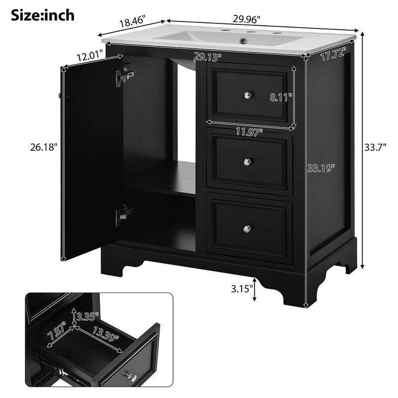 30'' Bathroom Vanity with Top Sink, Freestanding Vanity Set with Mirror Cabinet
