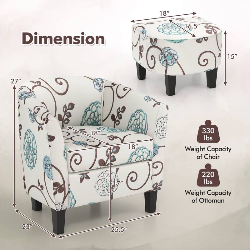 Modern Upholstered Linen Fabric Lounge Armchair with Ottoman and Wood Legs for Living Room - 28" x 25" x 29" (L x W x H)