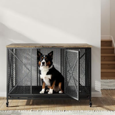 Large Dog Crate Furniture, with Flip Top and Wheels, 48"