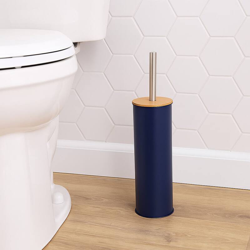 Metal Toilet Brush and Holder Set With Bamboo Lid