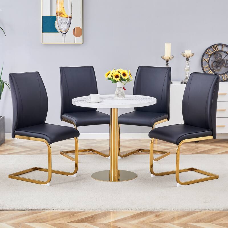 Modern 5-Piece Dining Set with White Marble Pattern Table and 4 PU Upholstered Chairs - Perfect for Small Spaces