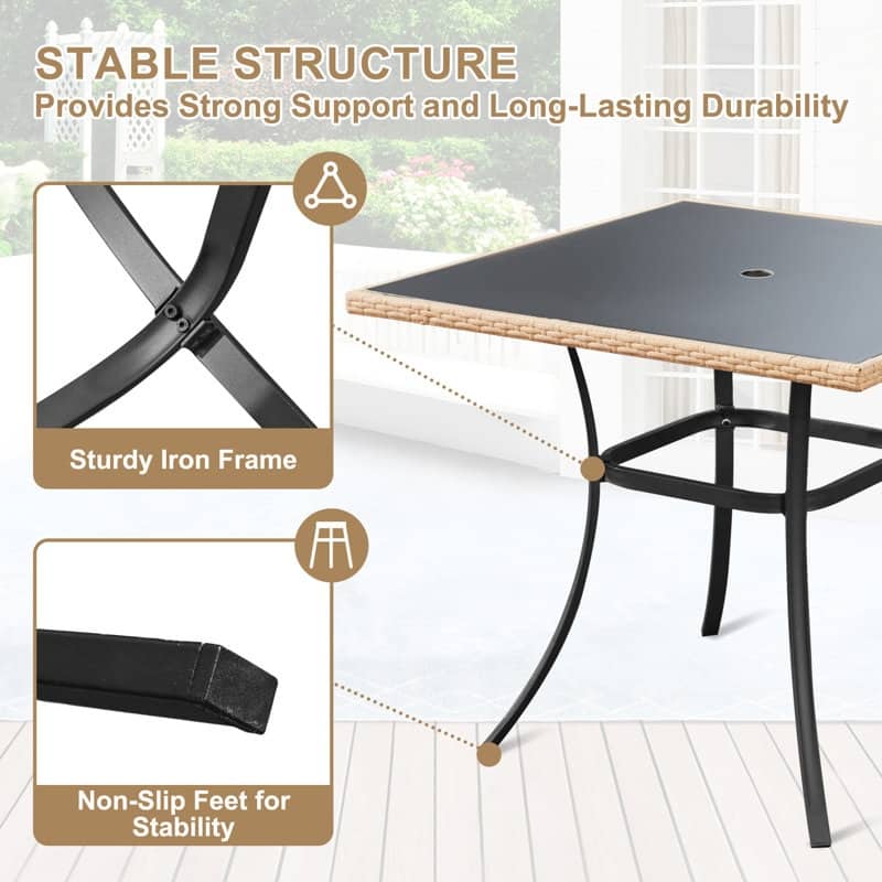 35" Square/Round Outdoor Dining Table - All-Weather Wicker Patio Table with Tempered Glass Top & Iron Frame for Balcony