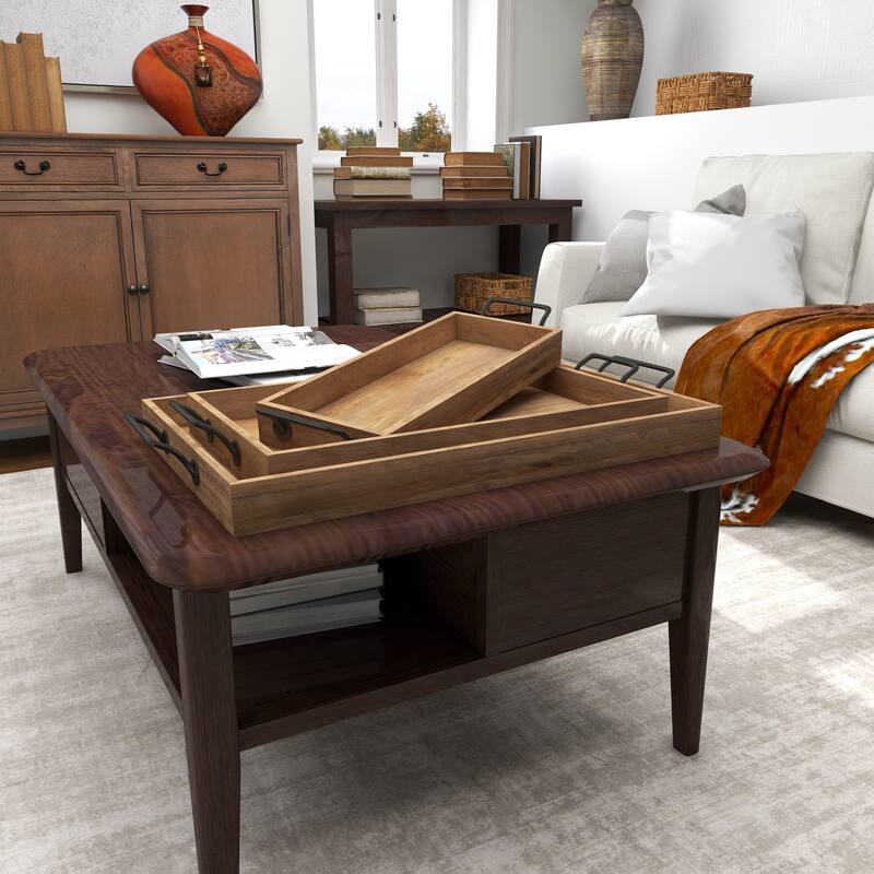Brown Mango Wood Living Room Decor Tray with Slot Handles (Set of 3)