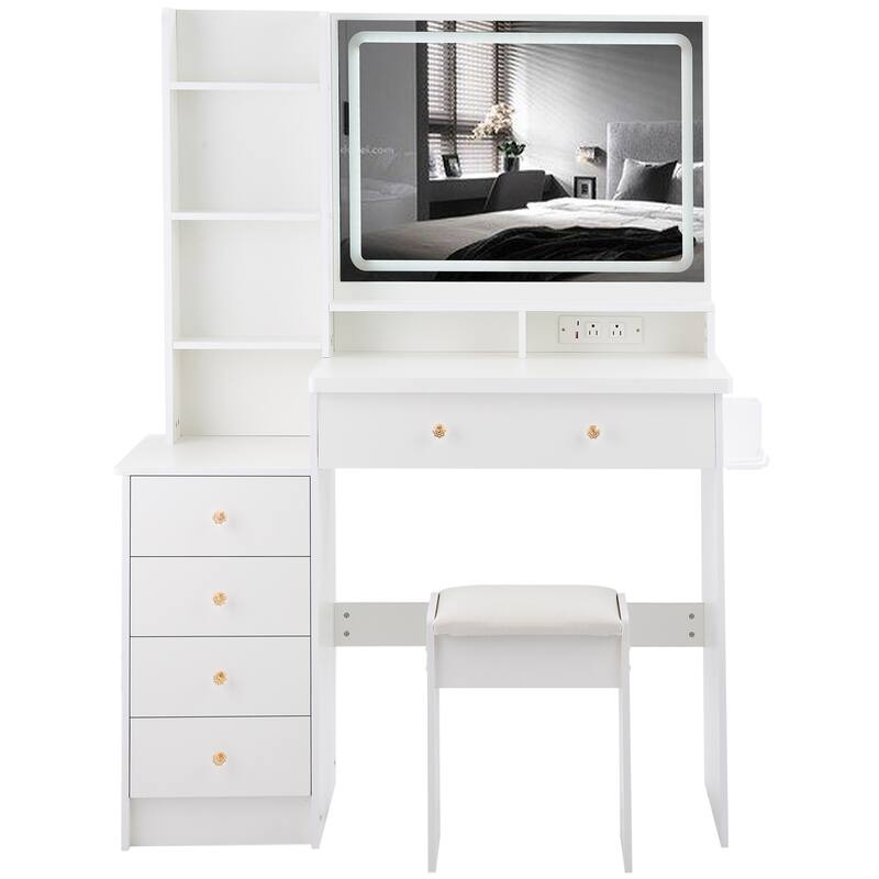 Vanity Desk with Touch Control LED Mirror, Makeup Table with Hair Dryer Stand, Vanity Table Set with Cushioned Stool