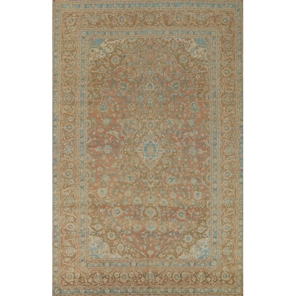 Distressed Floral Mashad Vintage Persian Rug Hand-Knotted