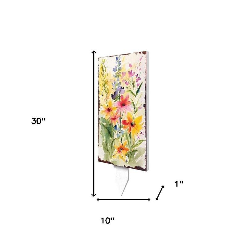 HomeRoots 30" Green Pink White And Yellow Solid Wood Watercolor Floral Garden Stake