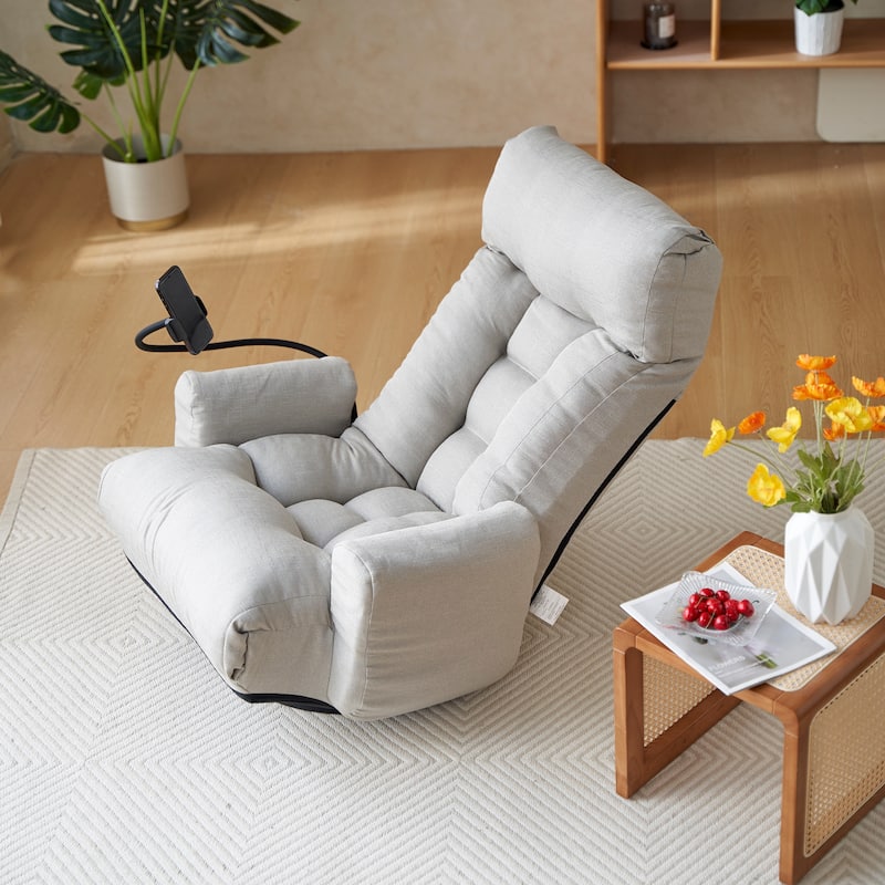 Gray Upholstered 360° Swivel Manual Leisure Recliner with Mobile Phone Holder, Adjustable Headrest and Backrest