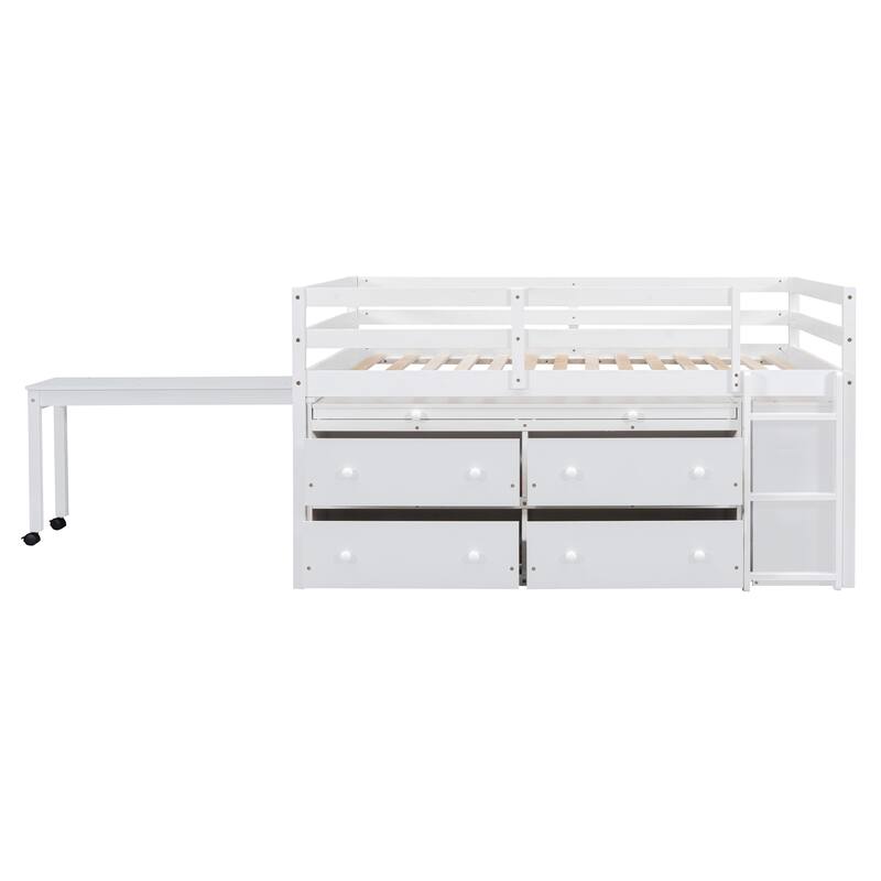Solid Wood Loft Bed with Retractable Writing Desk and 4 Drawers, Lateral Portable Desk and Shelves